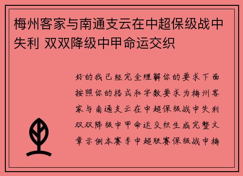 梅州客家与南通支云在中超保级战中失利 双双降级中甲命运交织 梅州客家与南通支云在中超保级战中失利 双双降级中甲命运交织