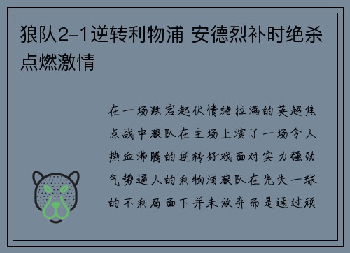 狼队2-1逆转利物浦 安德烈补时绝杀点燃激情